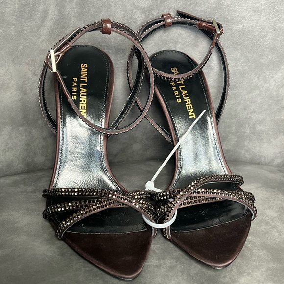Saint Laurent Ava Sandals in Crepe Satin with Rhinestones in Brown EU 36 1390$ - Picture 10 of 14
